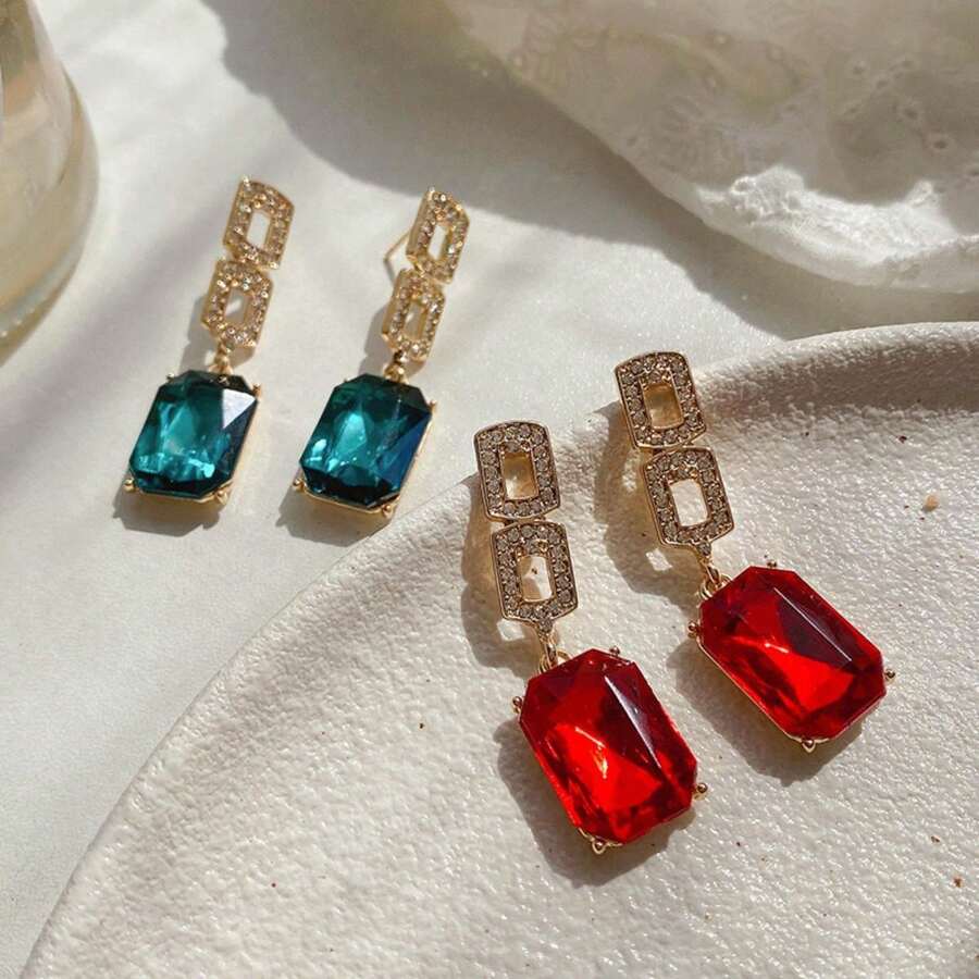1對時尚復古幾何方形吊墜耳環鑲嵌藍色和紅色水鑽和人造水晶,適合女士日常佩戴