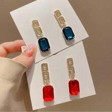 1對時尚復古幾何方形吊墜耳環鑲嵌藍色和紅色水鑽和人造水晶,適合女士日常佩戴