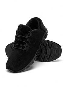 女士家居拖鞋冬季室内/户外保暖柔软毛绒舒适毛绒防滑一脚蹬步行鞋毛绒乐福拖鞋黑色