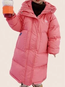 Tween Girl Letter Patched Zip Up Hooded Padded Coat - Pink - View 3