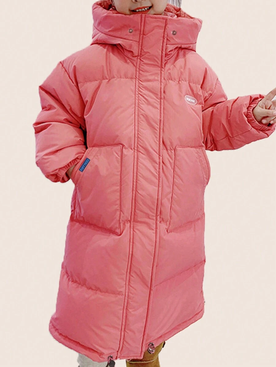 Tween Girl Letter Patched Zip Up Hooded Padded Coat - Pink - View 1