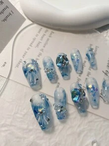 10pcs Handmade Coffin-shaped Fake Nails With Hand-painted Butterfly, Rhinestone, Heart Design - Metal Look Fake Nail Set Suitable For Parties And Daily Wear, Change Your Life And Step Into Fashion. - Blue - View 2