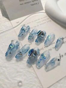10pcs Handmade Coffin-shaped Fake Nails With Hand-painted Butterfly, Rhinestone, Heart Design - Metal Look Fake Nail Set Suitable For Parties And Daily Wear, Change Your Life And Step Into Fashion. - Blue - View 3