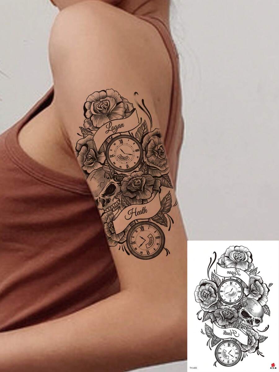 Pegatina De Tatuaje, 1 Hoja Con Diseño Impreso De Rosa Blanca Y Negra, Calavera Y Reloj - Negro - Ver 1