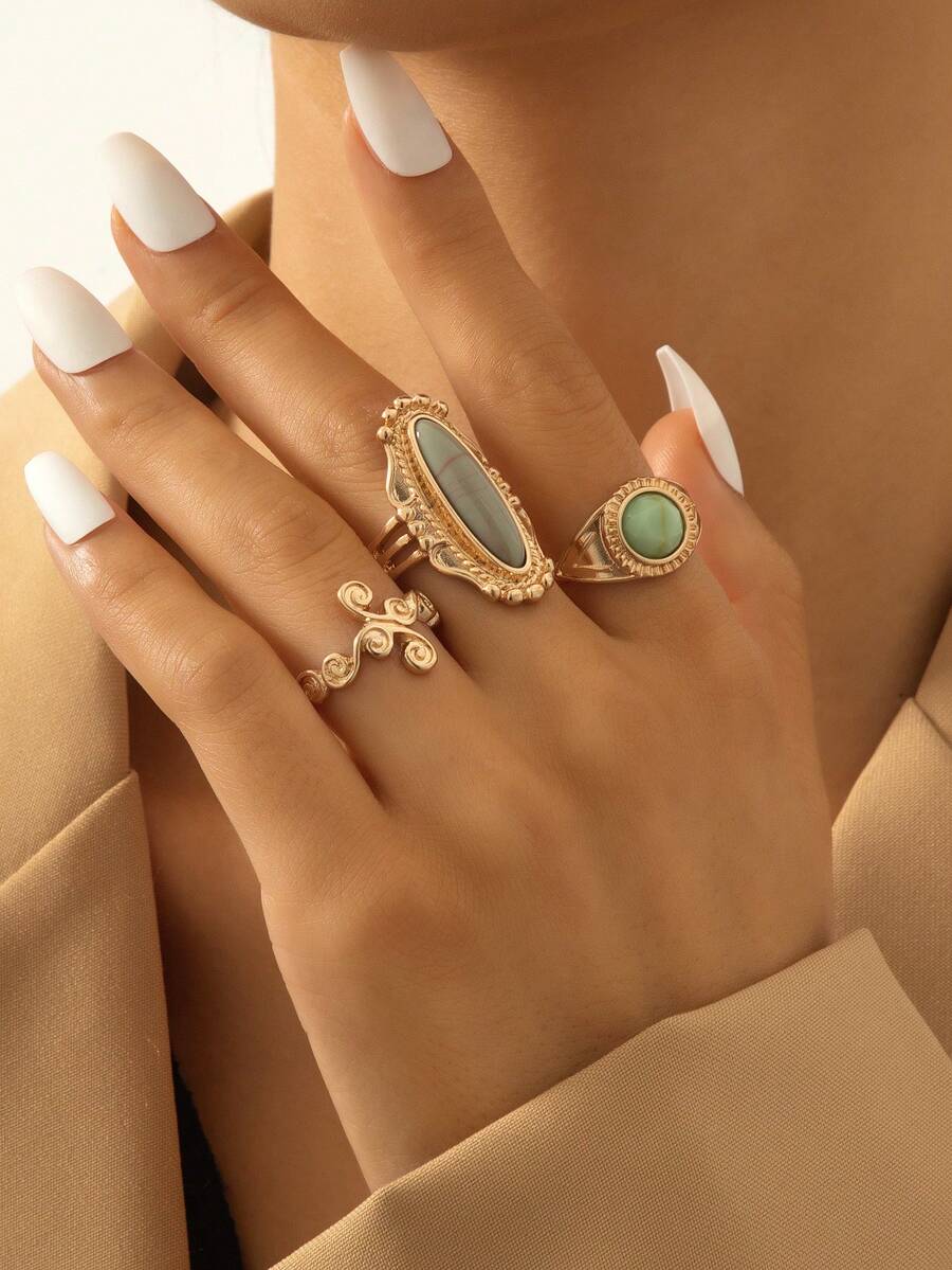 3pcs/Set Personalized Fashionable Vintage Style Rings With Elegant Charisma Design, Perfect For Wedding Gift - Yellow Gold - View 1