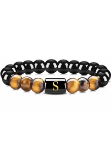 Pulsera Elástica De Piedra De Ojo De Tigre Natural Y Obsidiana Negra, Con Detalle De 26 Letras En Inglés, Joyería De Moda Para Hombres Y Mujeres, 1 Ud.