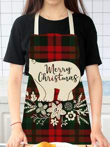 1pc Polar Bear Plaid Linen Apron - Dark Grey - View 2