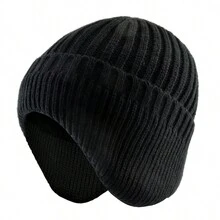 1 件装男士针织无檐便帽，双层保暖内衬，保暖护耳，适合日常休闲 - 黑色 - 查看 1