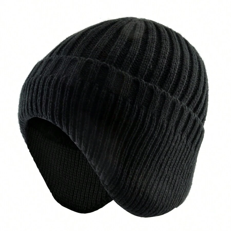 1 件装男士针织无檐便帽，双层保暖内衬，保暖护耳，适合日常休闲 - 黑色 - 查看 1