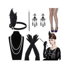 1 套 1920 年代風格黑色羽毛頭帶、珍珠項鍊、手鍊、羽毛耳環、漁網襪、風扇、手套、煙嘴,適合聖誕節、假日、化妝派對、舞會服裝配件組合。