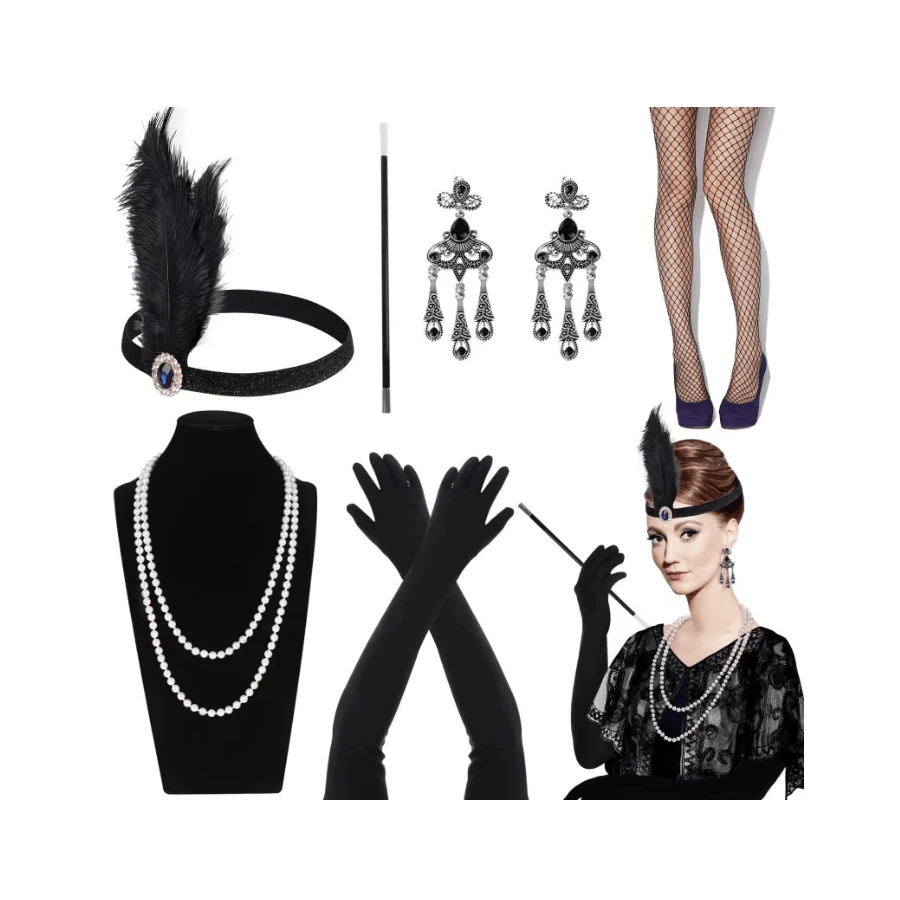 1 套 1920 年代風格黑色羽毛頭帶、珍珠項鍊、手鍊、羽毛耳環、漁網襪、風扇、手套、煙嘴,適合聖誕節、假日、化妝派對、舞會服裝配件組合。