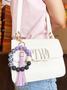 1入組木珠&橡膠塗層珠&pu流蘇裝飾鑰匙扣,手鐲