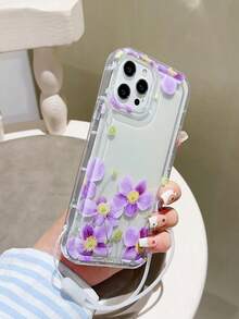 Purple Flower Pattern Airbag Phone Case + Silicone Cord Compatible With Iphone 13/14/15 Pro Max - Purple - View 2