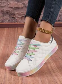 2023新款彩虹粉色女士時尚百搭平底鞋,秋季休閒時尚輕便運動鞋