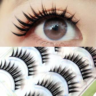 5 Pairs Of Densely Realistic & Lively Faux Eyelashes, Black Stiff Hard Lashes That Can Support Double Eyelids, Natural & Idol Fan-Favorite One-Piece Eyelash Extension With Longer Ends, 1 Box Of 5 Pairs Strip Lashes,Lashes,Eyelashes,Fake Lashes