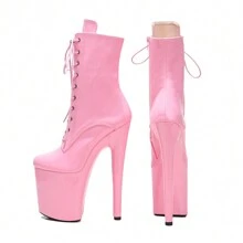 20公分/8吋粉紅色鏡面pu鞋面女式時尚性感時尚高跟繫帶前踝靴1雙鋼管舞短靴 - 粉色 - 查看 4