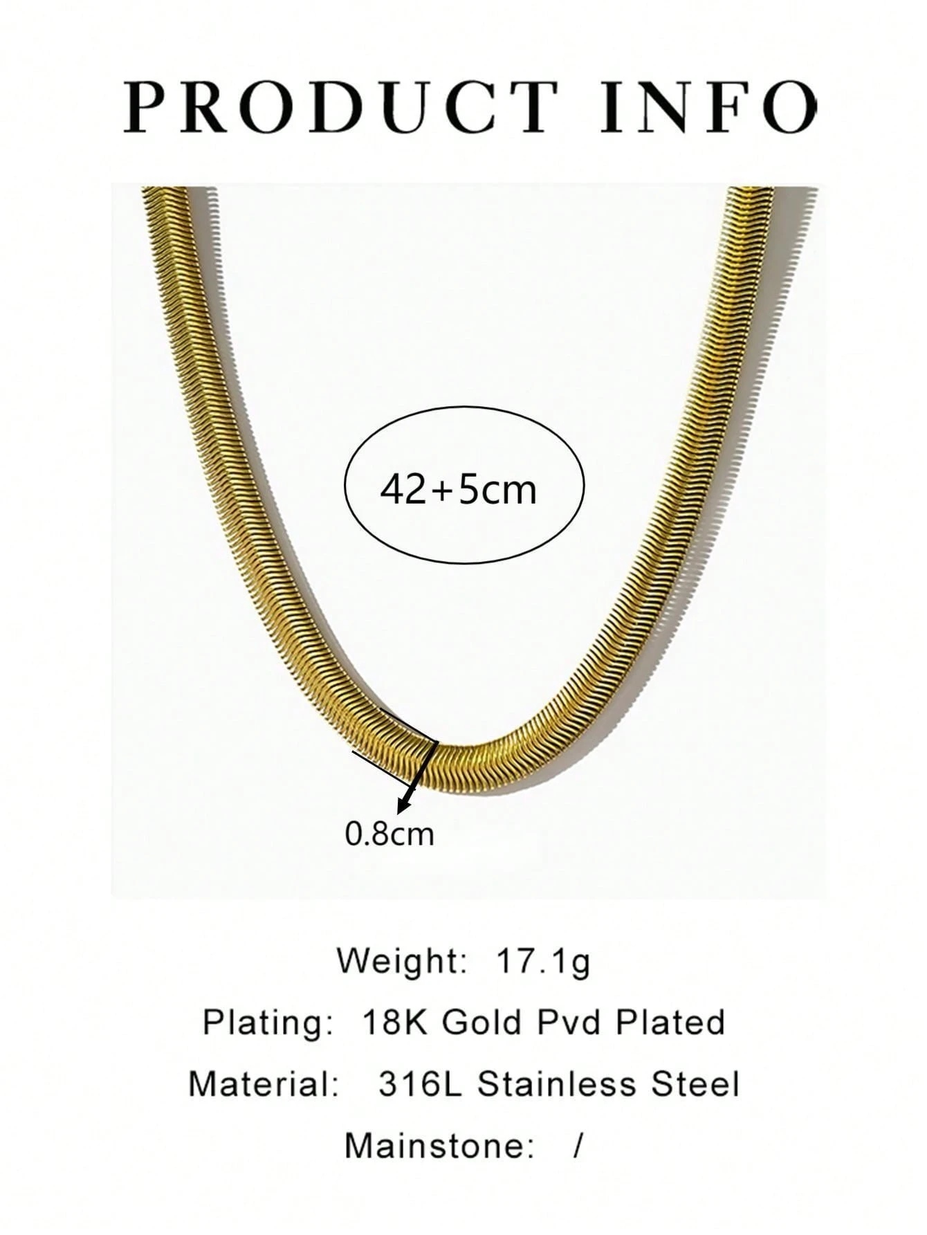 1pc Women's Fashionable Wide Mesh Snake Bone Chain, 18k Gold Color