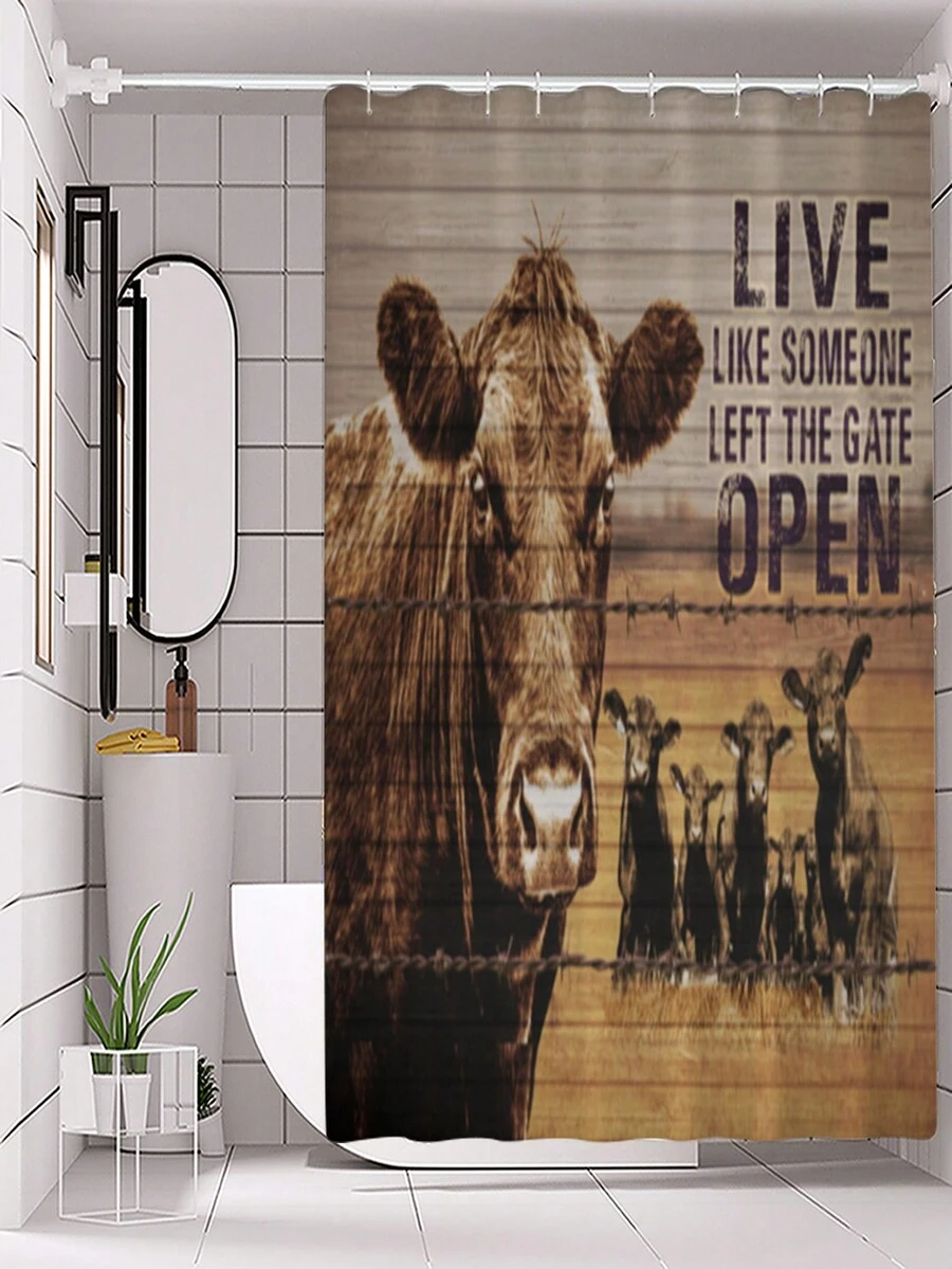 1pc English Alphabet Printed Shower Curtain With Cow Pattern - Multicolor - View 1