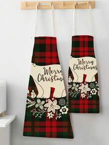1pc Polar Bear Plaid Linen Apron - Dark Grey - View 5