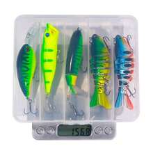 HENGJIA 5入組大小混合的釣魚餌套件,包括鱖魚、振動、水面、游泳&曲柄餌,綠色