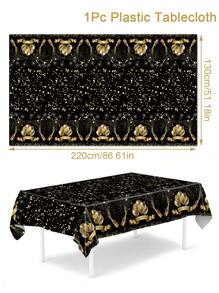 1pc Black & Gold Balloon Pattern Disposable Rectangular Plastic Tablecloth, Perfect For Decorating Birthday Party Adult Party Tables, Birthday Party Dining Table Decor, Party Gift Birthday Decor Tablecloth - Black Gold - View 2
