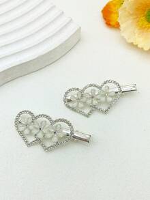 2 Piezas Broche De Pelo De Aleación Decorado Con Diamantes De Imitación En Forma De Corazón Y Flor Pequeña Para Mujeres - Multicolor - Ver 3