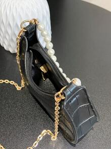 兒童包,新款小女孩腋下包,可愛人造珍珠手提包,女孩鏈條斜跨包,鱷魚紋肩背包 - 黑色 - 查看 7