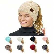 1 pièce Femmes Tricoté au câble Bonnet Acrylique d'hiver épais chaud doux élastique élégant pour queue de cheval pour les temps froids et les sports de plein air - Beige - Voir 1