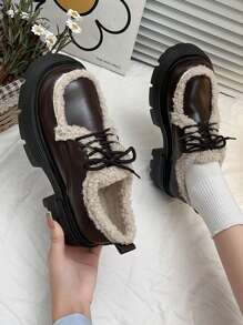 Women's Winter Thermal Lined Shoes 2023 New Fashionable Versatile Small Pu Leather Shoes, Warm & Comfortable With Thick Sole Loafers For Outdoor Wear