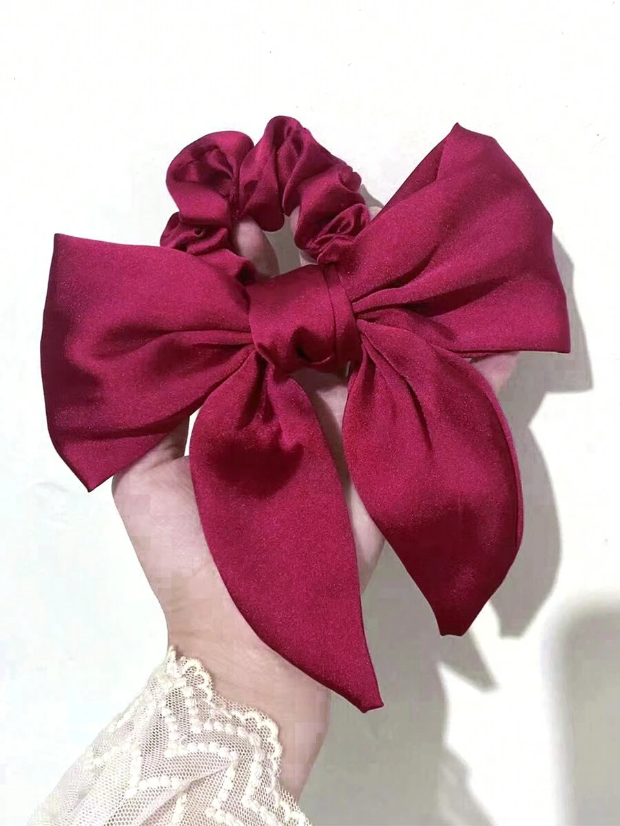 1 件酒紅色緞面蝴蝶結女式彈性髮帶,適合日常使用