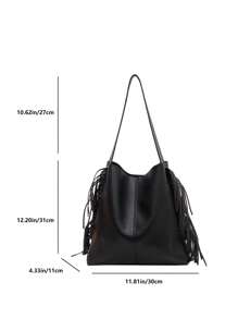 1pc Black Fringe Design High-end & Unique Style Large Capacity Fashion & Minimalist Shoulder Bag - Black - View 7