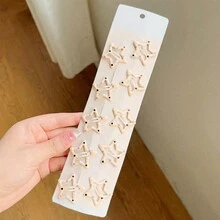 10 件裝女孩秋季配件套裝,奶牛色和咖啡色,星星和圓點,嬰兒和兒童樹脂髮夾,時尚,復古,簡約,幾何,鄉村風格,側夾適合日常佩戴 - 米色 - 查看 7