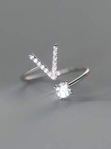 1入組精美優雅立體氧化鋯字母戒指，開口可調式女性女孩紀念基本戒指母親節，聖誕節禮物 - 銀色 - 查看 9