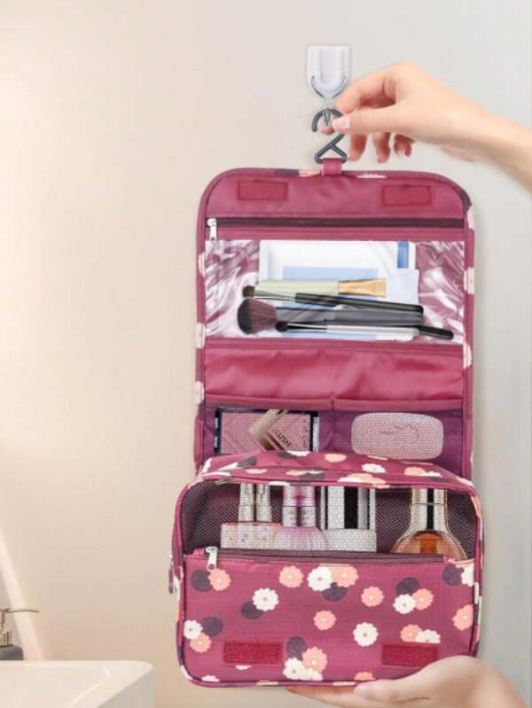 1 pièce Trousse de toilette de voyage rouge avec crochet, pochette à cosmétiques portable pour hommes et femmes, accessoires de salle de bain, trousses de toilette à la mode, essentiels de voyage d'été pour vacances à la plage, fournitures scolaires, indispensables de dortoir, rentrée scolaire