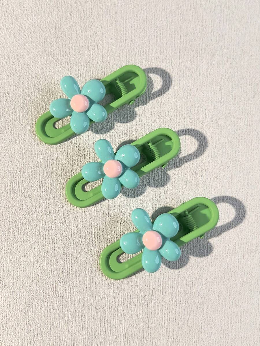 3 件/包 女士綠色花髮夾