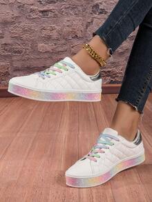 2023新款彩虹粉色女士時尚百搭平底鞋,秋季休閒時尚輕便運動鞋