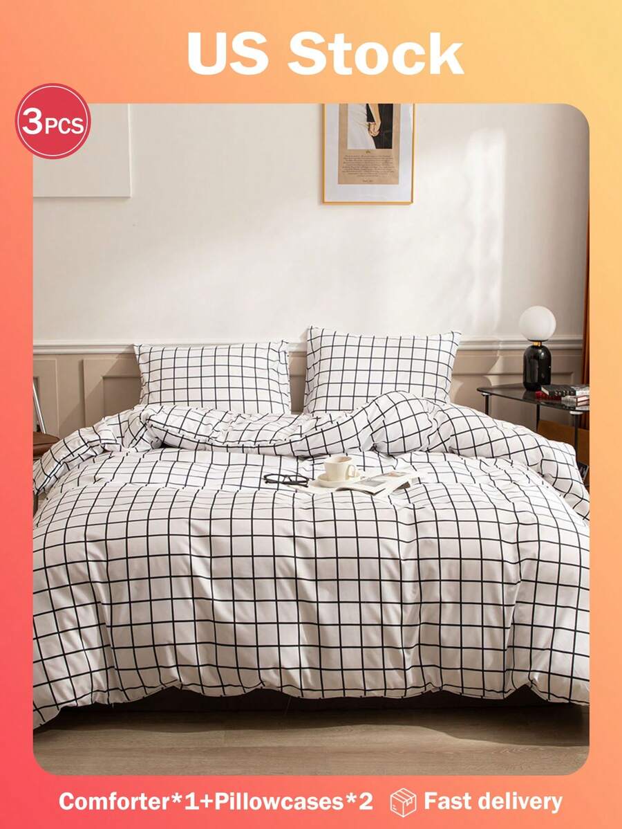 3pcs Black Grid Comforter Set Twin Queen King Size Black and White