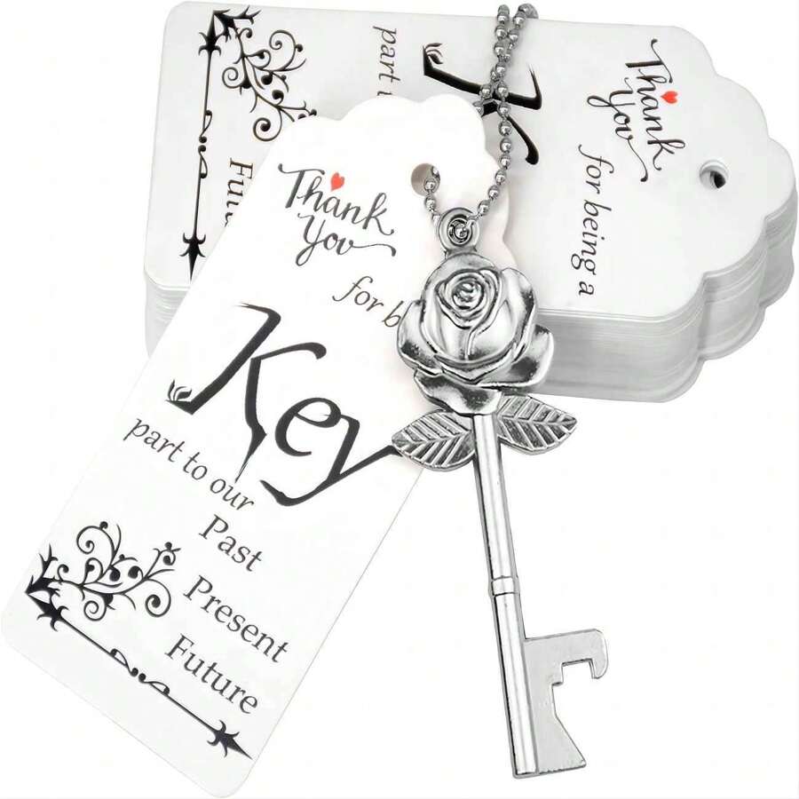 100 Sets Rose Key Bottle Opener Wedding Favors For Guests Bulk Skeleton Keys With Card For Rustic Party Bridal Showers - 銀色 - 查看 1