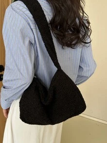 New Fashionable Velvet Chic Shoulder Bag - Black - View 3