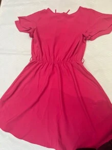 MODA FEMININO/Lançamento Vestido Plus Size Liso e flor/mangas de sino duplo/cintura elástica com cinto de amarração/com amarra frete - Pink - Visão 2