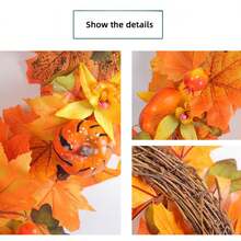 1入組感恩節楓葉南瓜花環新秋季色彩模擬藤圈家居裝飾萬聖節門飾 - 橘色 - 查看 10