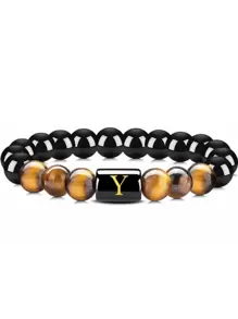 Pulsera Elástica De Piedra De Ojo De Tigre Natural Y Obsidiana Negra, Con Detalle De 26 Letras En Inglés, Joyería De Moda Para Hombres Y Mujeres, 1 Ud.