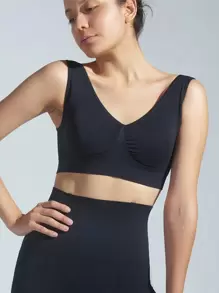 實心無縫無胸墊運動內衣 - 黑色 - 查看 1