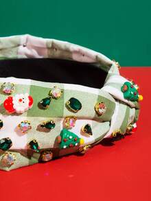 1個女士綠色格子布聖誕老人和寶石裝飾的聖誕頭帶頭飾品