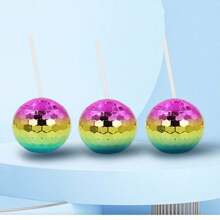 1pc Disco Ball Glitter Plastic Cup, Electroplated Sphere 600ml Water Bottle Cup With Straw, Girls Cup[Transparent Straw]
