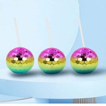 1pc Disco Ball Shaped Cup, 600ml Electroplated Plastic Cup With Straw, Transparent Straw, Spherical Ball Cup For Girls