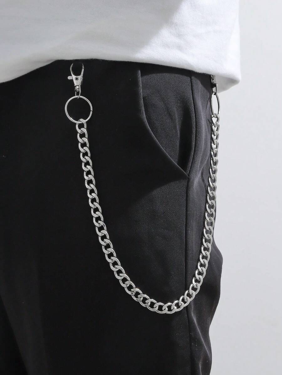 1pc Men's Single Thick Silver Chain With Circle Pendant, Suit Pants Decor