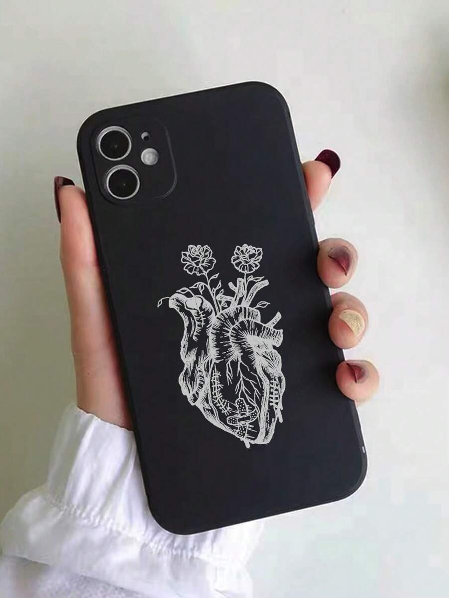 1 件黑色防摔彩绘手机壳，哑光心形图案 Tpu 保护套，兼容 iPhone