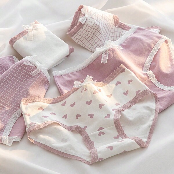 5pcs Stylish And Fresh Girl's Underwear, Made Of , Skin-friendly, Soft And Breathable, High Elasticity, Mid-waist With Bow Embellishments