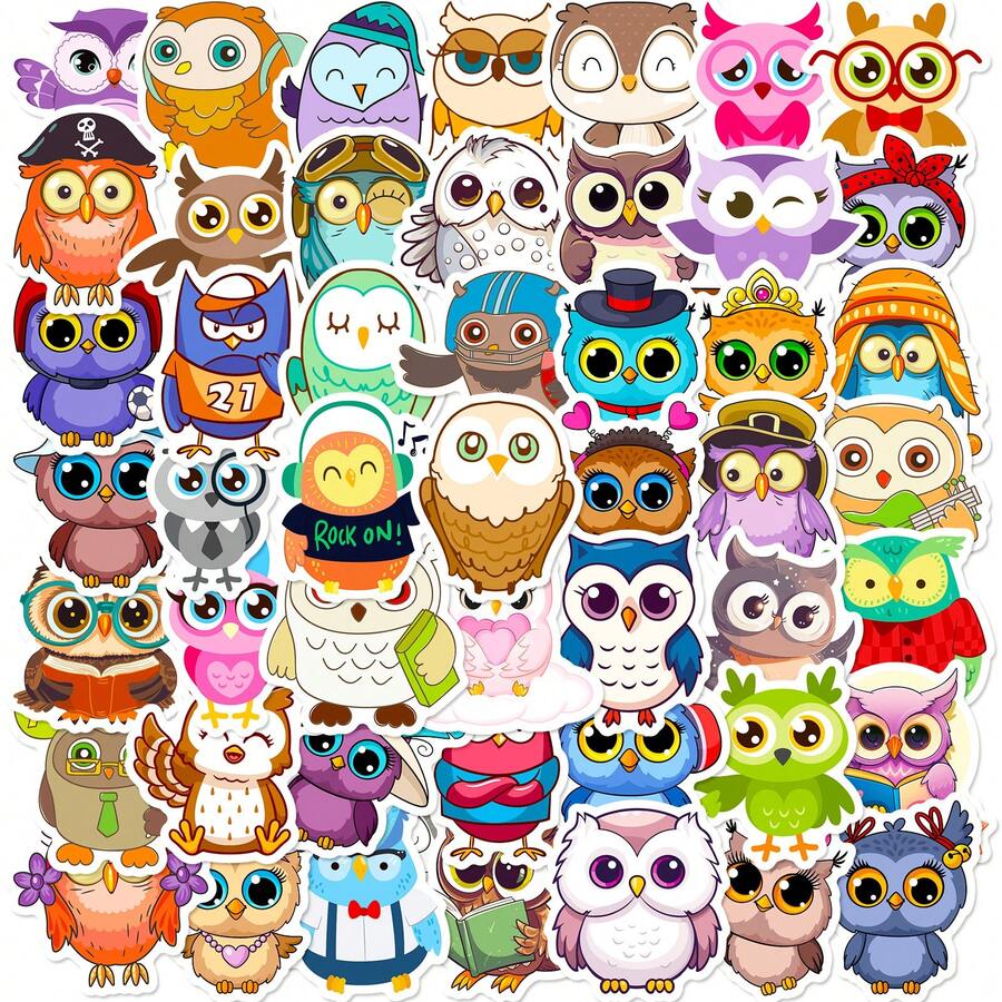 50入組/袋卡通貓頭鷹塗鴉貼紙,適用於吉他、滑板、瓶子、杠、頭盔、雪板、筆記型電腦、手機殼、冰箱門、行李箱、摩托車、汽車diy塗鴉貼紙,完美的感恩節和聖誕節禮物 - 彩色 - 查看 1